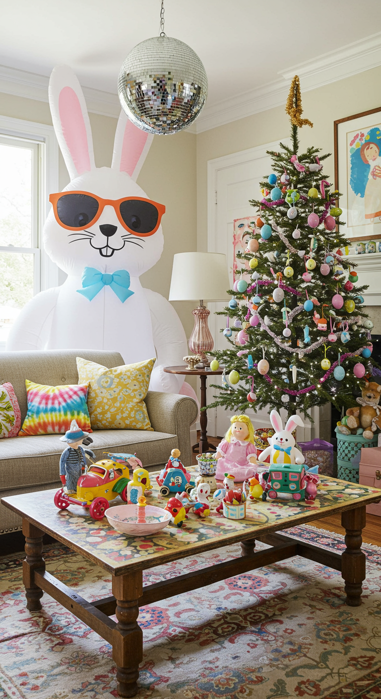 Quirky Easter Home - Interior of a living room decorated for a "Quirky Easter". A giant inflatable bunny wearing sunglasses sits in the corner, slightly deflated. A disco ball hangs from an Easter tree adorned with tie-dyed eggs and glittery ornaments. Vintage toys painted in pastel colors are scattered on a coffee table with mismatched patterns, creating a playful, unconventional Easter scene.