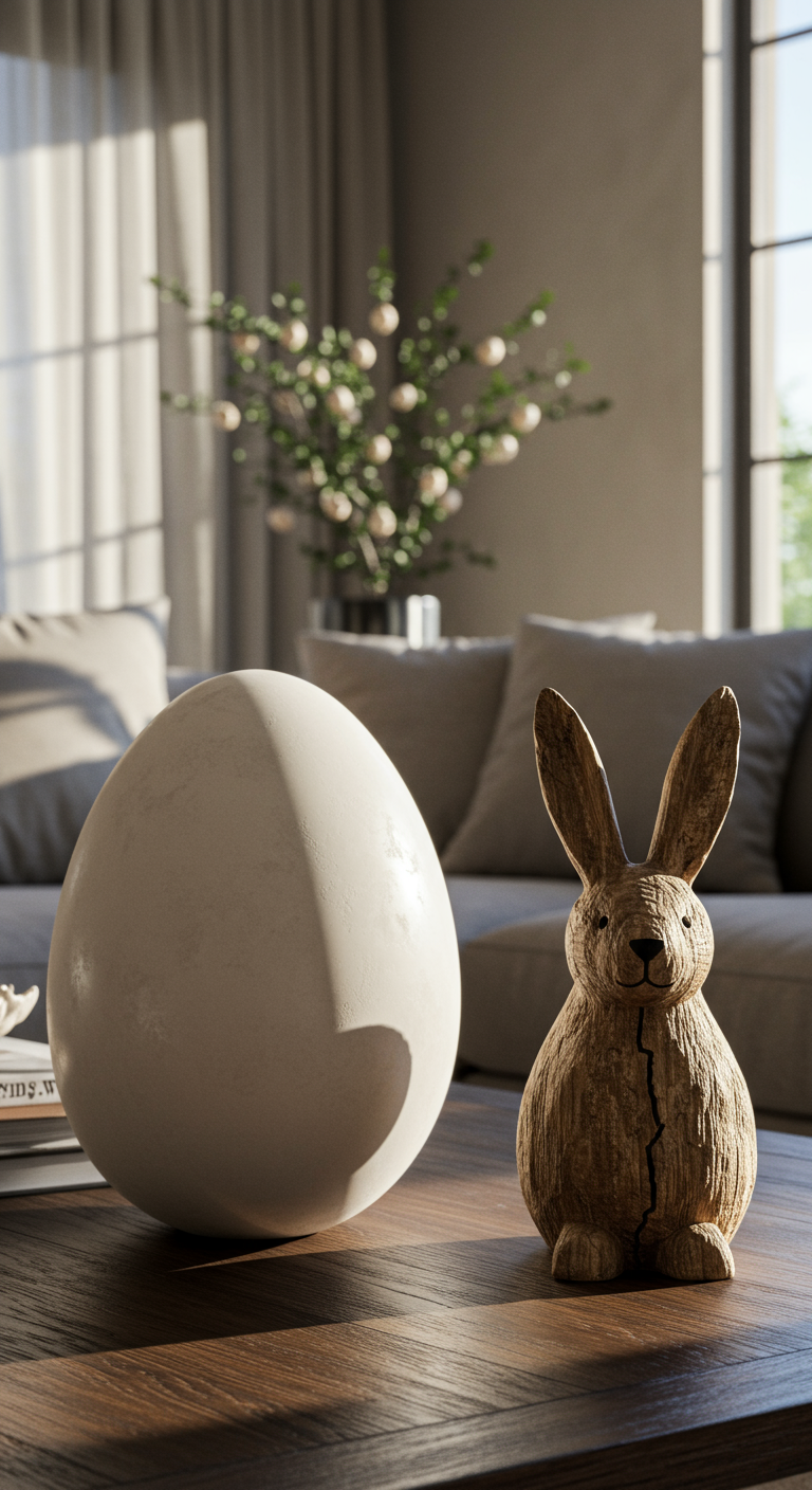 Sculptural Easter Decor - A highly detailed photograph of a modern living room showcasing sculptural Easter decor. A large, smooth, white ceramic egg sits on a dark wood coffee table next to a smaller, rough-hewn wooden bunny. The bunny has a visible crack in the wood, adding to its rustic charm. Sunlight streams through a nearby window, highlighting the textures and shapes of the sculptures, casting subtle shadows on the surrounding furniture.