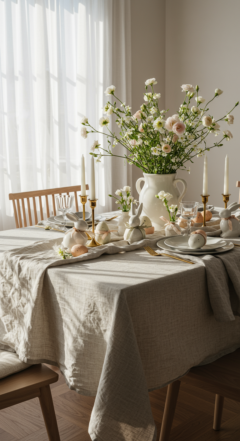 Chic Easter Home Style - A bright, naturally lit dining room showcasing a chic Easter home style. A linen tablecloth drapes elegantly over a wooden table, adorned with a minimalist floral centerpiece featuring pastel-colored blooms. Ceramic bunnies and eggs decorated with delicate ribbons are scattered artfully around the centerpiece, complemented by tall, slender candles in gold holders. Natural light streams through sheer curtains, casting soft shadows and highlighting the subtle textures of the linen and wood, with some dust particles visible in the light beams.