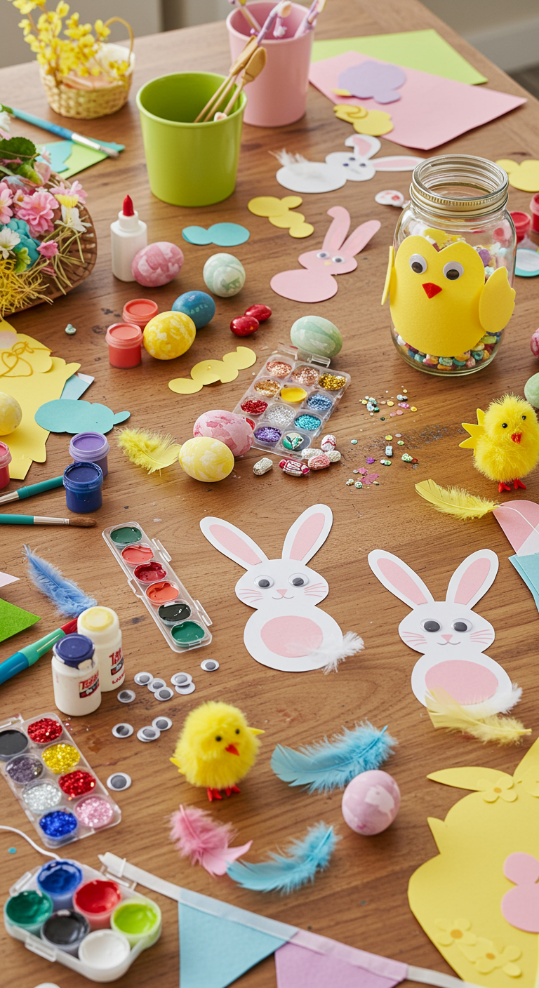 DIY Easter Home Decor - A brightly lit kitchen table covered in Easter crafting supplies. Scattered around are colorful paints, glitter, feathers, glue sticks, and half-finished decorations like painted eggs, paper bunnies with googly eyes, and a banner strung with pastel-colored felt shapes. Some paint has spilled slightly, and a few stray feathers lie on the wooden surface, adding a touch of realistic imperfection to the scene. A mason jar decorated as a chick sits nearby, overflowing with colorful candy.