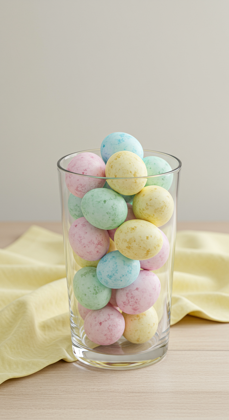 Pastel Easter Decor Ideas - A brightly lit, close-up photograph of a clear glass vase filled with pastel-colored Easter eggs in shades of light pink, baby blue, mint green, and pale yellow. The eggs are subtly speckled and some have minor imperfections in their coloring, adding to a realistic feel. The vase sits on a slightly worn, light wooden table with a pastel yellow tablecloth draped underneath, softly wrinkled and slightly askew.