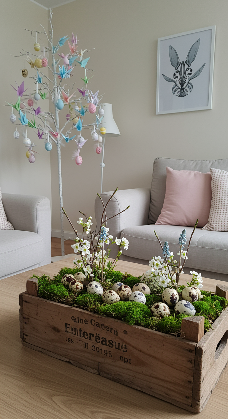 Unique Easter Home Ideas - A brightly lit, modern living room showcasing unique Easter decor. A minimalist Easter tree stands in the corner, adorned with intricately folded origami birds in pastel colors instead of traditional eggs. On the coffee table, a repurposed wooden crate is filled with moss, speckled quail eggs, and delicate spring flowers. Subtle imperfections like slightly crooked origami folds and a few chipped edges on the crate enhance the realistic, lived-in feel.
