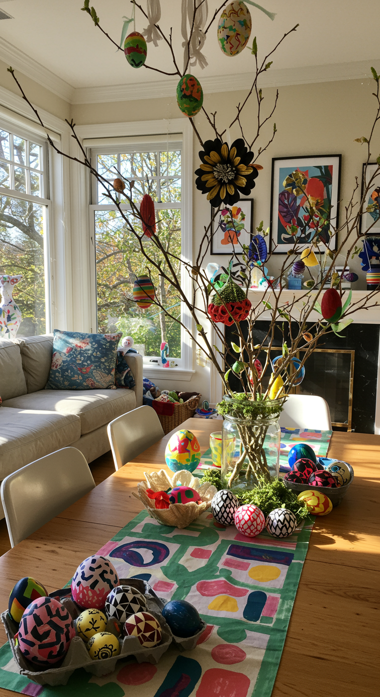Artsy Easter Interior - A sun-drenched living room showcasing an artsy Easter interior. A dining table centerpiece features foraged branches adorned with handcrafted paper flowers in vibrant, unexpected colors like black, gold, and neon, contrasting with traditional pastels. Geometric patterned Easter eggs rest casually on the table, some slightly chipped, alongside a hand-painted, modern-art-inspired table runner.