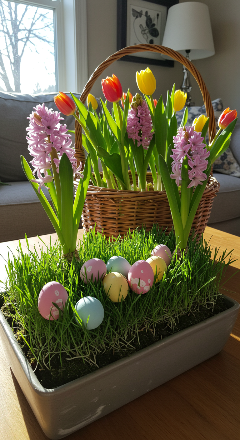 Fresh Easter Decoration - A sun-drenched living room interior featuring a coffee table centerpiece: a rectangular planter filled with vibrant green grass, speckled with pastel-colored Easter eggs. Hyacinths and tulips overflow from a nearby wicker Easter basket, their stems slightly bent under the weight of the blooms. Light streams through a window, illuminating dust motes dancing in the air and highlighting the delicate veins on the flower petals.
