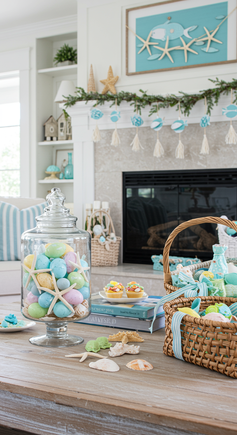 Coastal Easter Decorating - A bright, airy living room decorated for Easter with a coastal theme. A glass jar filled with seashells and pastel-colored Easter eggs sits on a weathered wooden coffee table. A garland made of starfish and small wooden fish hangs above a fireplace, adorned with seafoam green and sandy beige accents. Blue and white striped ribbons are tied around wicker Easter baskets filled with treats, some slightly askew, creating a natural, imperfect look.