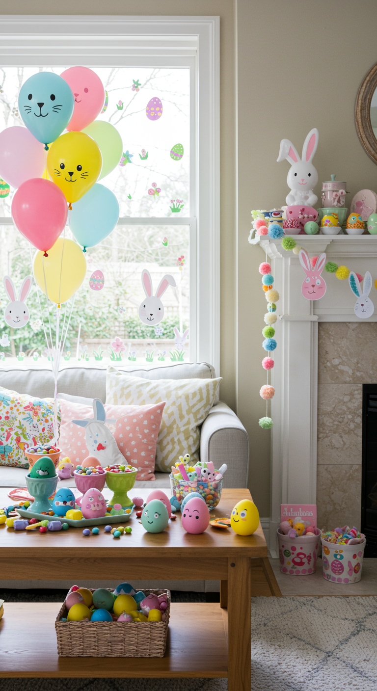 Playful Easter Decor Inspo - A brightly lit living room scene showcasing playful Easter decor. Bunny-shaped balloons float near a window adorned with Easter-themed stickers. A centerpiece on a wooden table features colorful candies and small toys, surrounded by hand-painted eggs with whimsical faces. A garland made of pom-poms and bunny cutouts is draped across a mantelpiece, creating a cheerful and festive atmosphere.