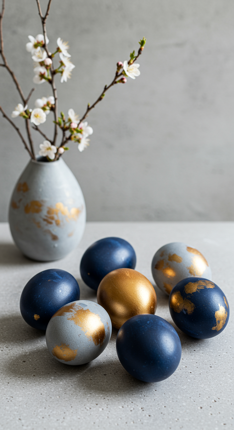 Modern Easter Decoration - A minimalist Easter table setting featuring matte gray, navy blue, and metallic gold painted eggs arranged in a geometric pattern. The eggs rest on a light gray concrete table alongside a slender vase holding a single sprig of budding cherry blossoms. Subtle imperfections on the egg surfaces, like slight color variations and tiny speckles, add to the realism.