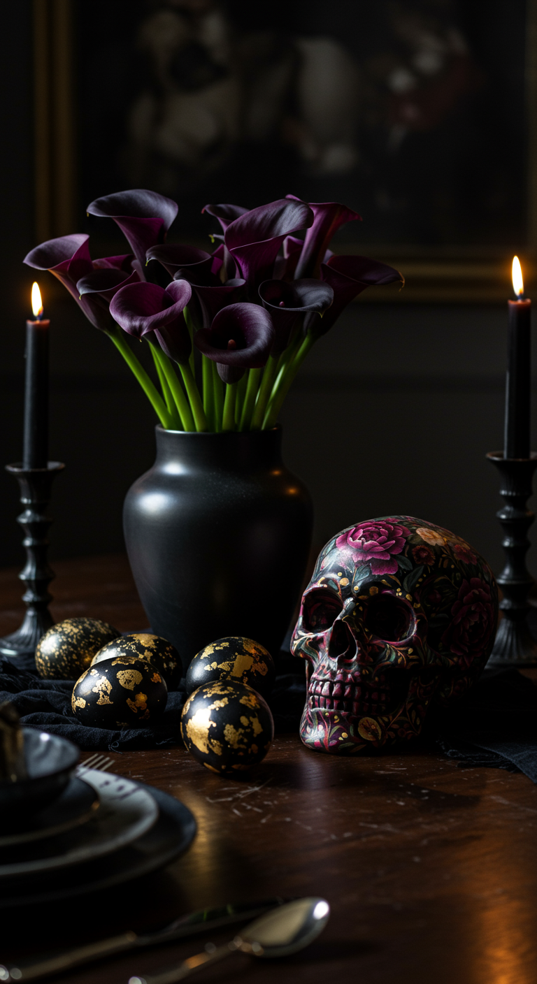 Dark Easter Home Design - A dimly lit dining room showcasing a Dark Easter tablescape. Black painted eggs adorned with delicate gold leaf patterns are scattered amongst dark purple and black calla lilies in a matte black vase. A skull, intricately painted with floral designs in shades of deep red and black, sits as a centerpiece on a dark wood table. The scene is lit by flickering candlelight, casting long shadows and creating a sophisticated, slightly gothic atmosphere; slight dust motes are visible in the light beams.
