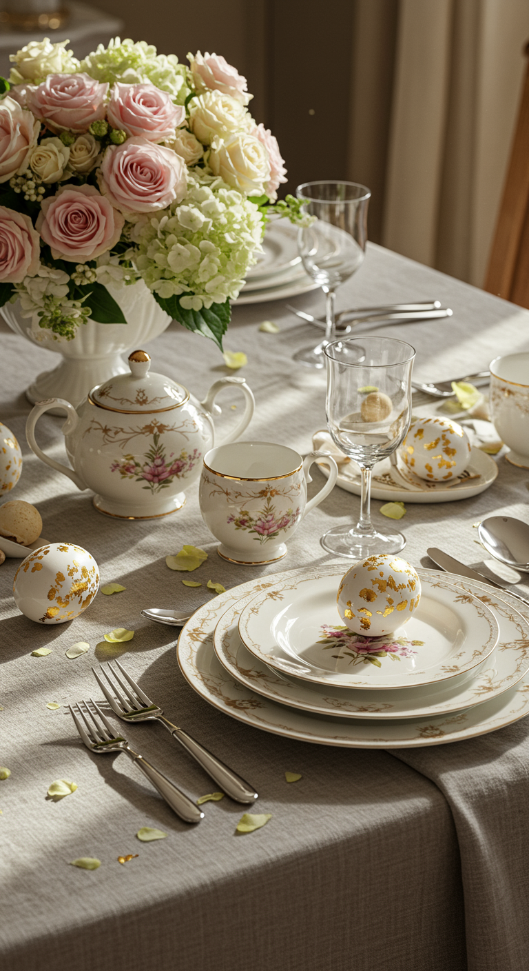 Luxurious Easter Decor - A lavish Easter table setting showcasing delicate china with subtle floral patterns, shimmering silverware reflecting soft light, and a centerpiece of lush, pastel-colored flowers like roses and hydrangeas. A crisp, linen tablecloth drapes elegantly, accented with subtle wrinkles and a few stray crumbs, while handcrafted, artisan-made porcelain eggs with gold leaf detailing are scattered artfully. The scene is bathed in warm, natural light filtering through a nearby window, casting gentle shadows and highlighting the intricate details of each item, including minor imperfections in the china glaze.