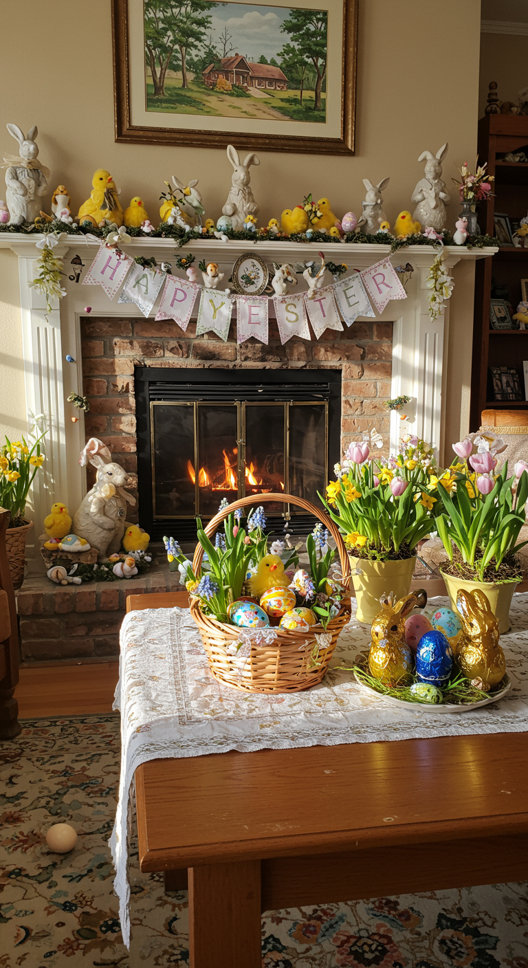 Traditional Easter Home - A sun-drenched living room showcasing a traditional Easter home decor. A pastel-colored tablecloth drapes over a wooden table, adorned with a woven Easter basket overflowing with hand-painted eggs, spring flowers, and a foil-wrapped chocolate bunny. Ceramic bunnies and fluffy chicks are scattered across the mantelpiece above a crackling fireplace, with a slightly crooked, hand-stitched banner reading "Happy Easter" hung above.