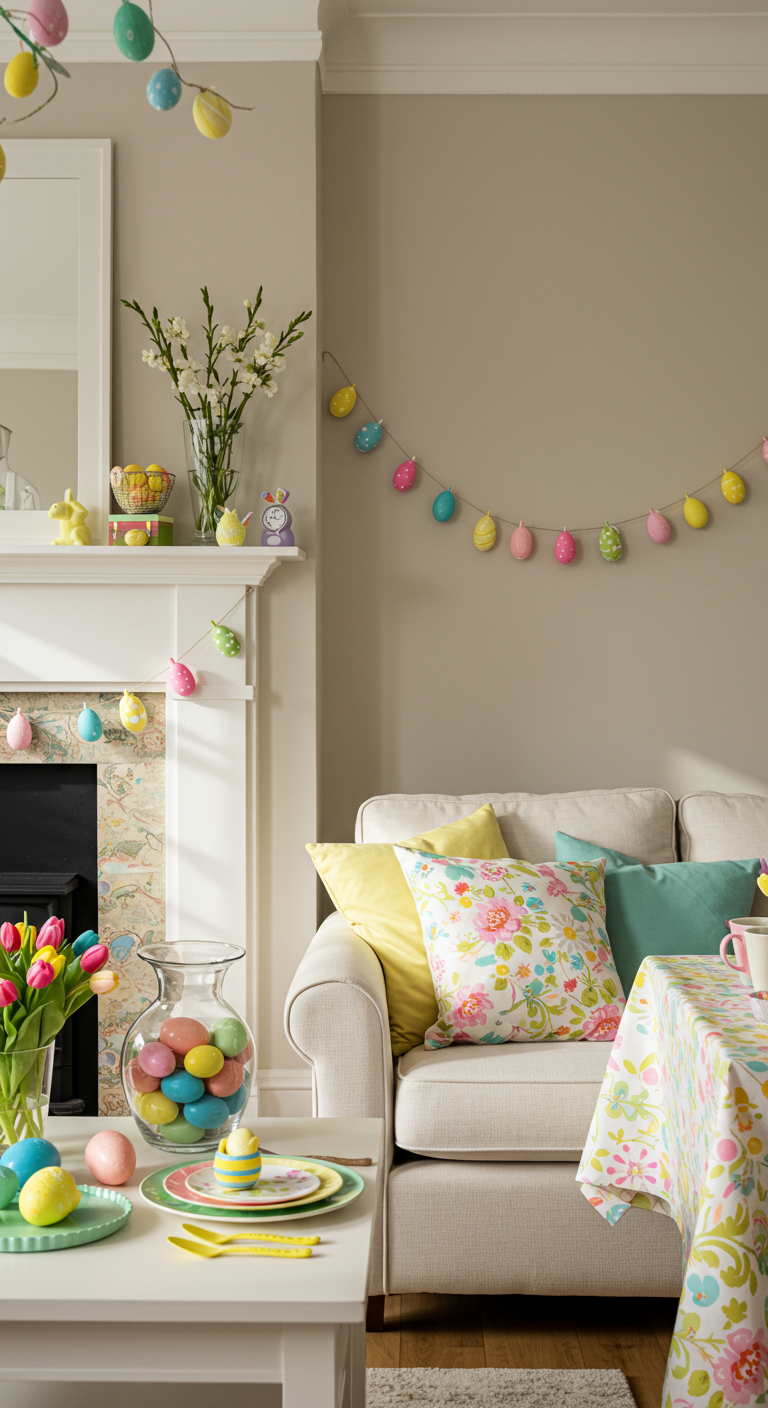 Bright Easter Decorating - A brightly decorated living room bathed in natural sunlight, showcasing Easter decorations. A clear glass vase filled with vibrantly colored Easter eggs sits on a mantelpiece, next to a DIY Easter garland strung across the wall with paper eggs in pastel shades. Throw pillows with bright floral patterns adorn a white sofa, and a colorful tablecloth covers a dining table set with Easter-themed tableware. Subtle imperfections like slightly crooked garland placement and minor dust particles on the vase add to the realism.
