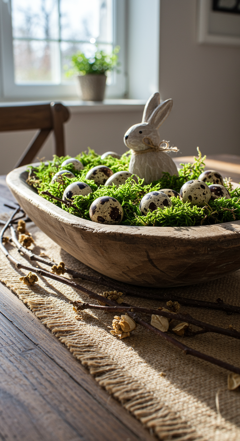 Rustic Easter Home Ideas - A rustic Easter table centerpiece featuring a weathered wooden bowl overflowing with vibrant green moss, speckled quail eggs, and a small, hand-carved wooden bunny. A burlap table runner with slightly frayed edges lies beneath, adorned with scattered twigs and dried wildflowers. Soft, natural light streams through a nearby window, highlighting the imperfections and textures of the rustic elements, creating subtle shadows and a warm, inviting atmosphere.