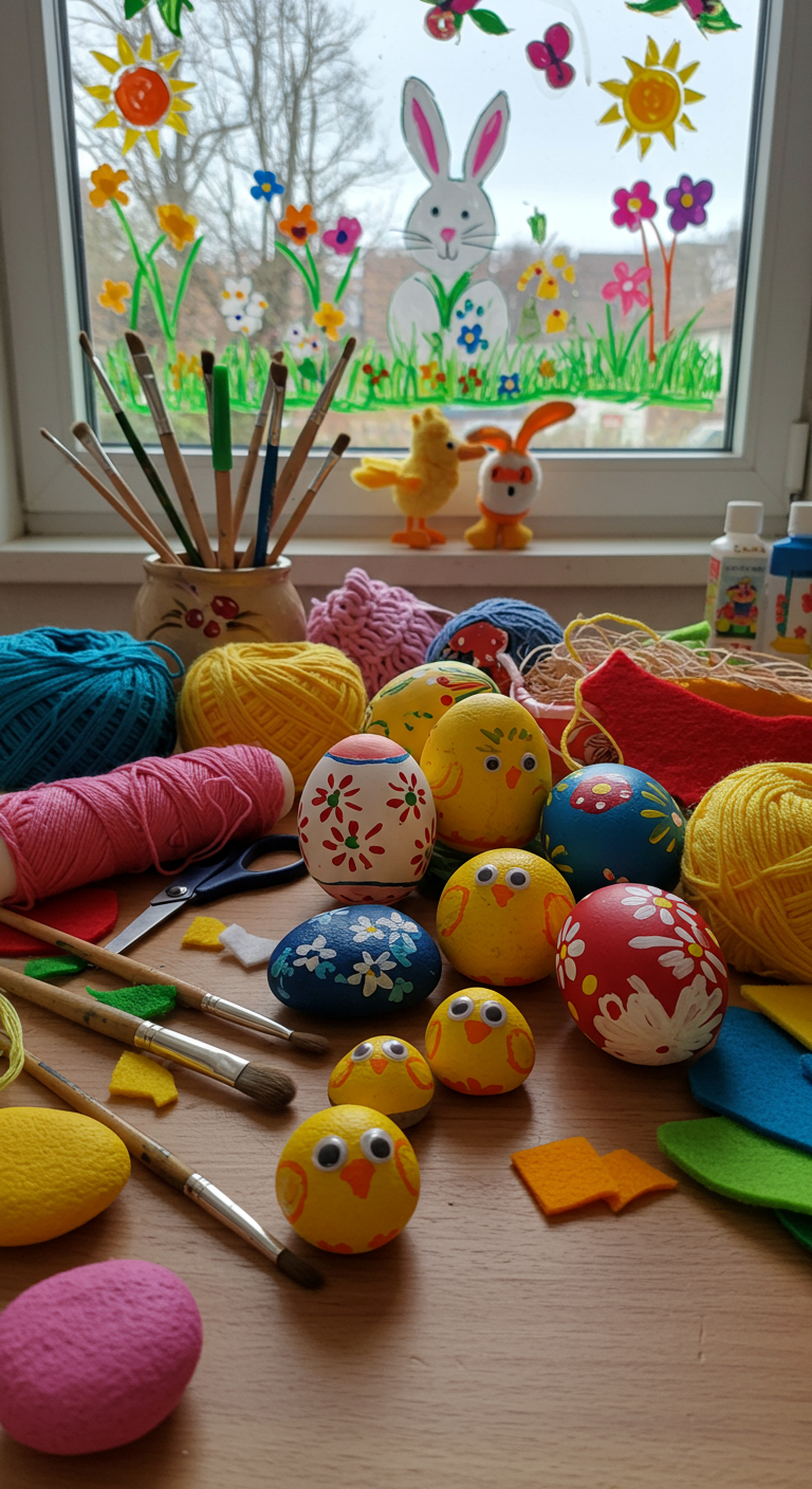 Creative Easter Designs - A brightly lit kitchen table covered in colorful craft supplies: paintbrushes, felt scraps, yarn, and a half-finished Easter egg garland. Several decorated Easter eggs with intricate, hand-painted designs sit amidst the crafting mess, alongside painted rocks resembling chicks with googly eyes. In the background, a window is adorned with whimsical Easter-themed drawings in vibrant window markers; a few smudges are visible, suggesting recent artistic activity.