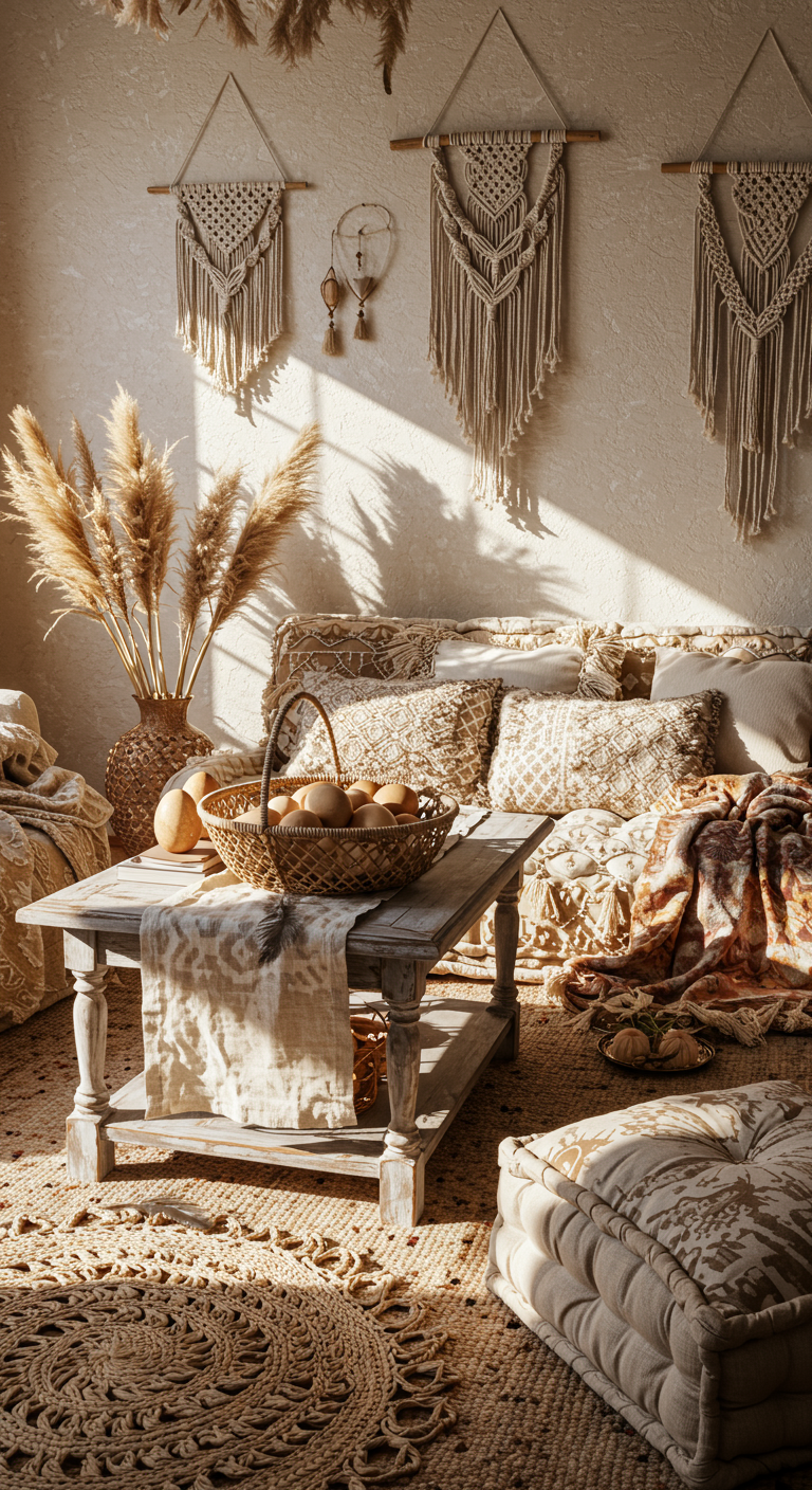 Boho Easter House Inspo - A sun-drenched living room showcasing Boho Easter decor. A woven basket filled with naturally dyed wooden eggs sits on a distressed wooden coffee table draped with a linen runner. Macrame wall hangings adorn the textured walls, while mismatched patterned floor cushions and blankets create a cozy chill zone. Imperfectly arranged pampas grass and feathers accent the scene, with natural light casting soft shadows, revealing subtle dust motes in the air.