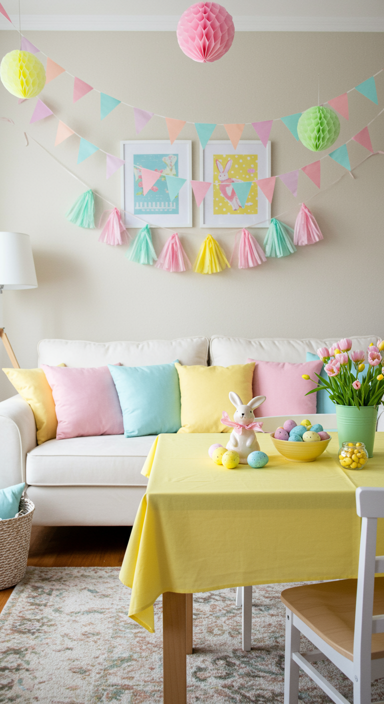 Colorful Easter Interior - A brightly lit living room, decorated for Easter with pastel colors. A white couch is adorned with light pink, baby blue, sunshine yellow, and mint green throw pillows. Pastel-colored streamers are hung loosely across the ceiling. A wooden table features a bright yellow tablecloth and a ceramic bunny statue as a centerpiece, surrounded by a bowl of colorful speckled Easter eggs. Minor imperfections, such as slightly crooked streamers and a few dust particles on the table, enhance the realism.