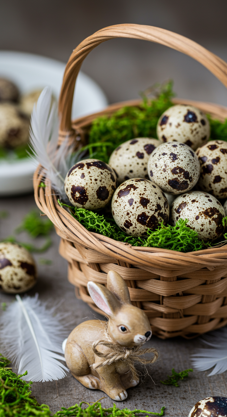 Textured Easter Theme - Close-up of a rustic Easter centerpiece featuring a woven basket overflowing with speckled quail eggs, some with cracked shells, nestled amongst soft green moss and delicate white feathers. A small, ceramic bunny with a slightly chipped ear sits beside the basket, adorned with a miniature burlap bow tied loosely around its neck. The scene is bathed in soft, natural light, highlighting the varied textures and subtle imperfections of the materials.
