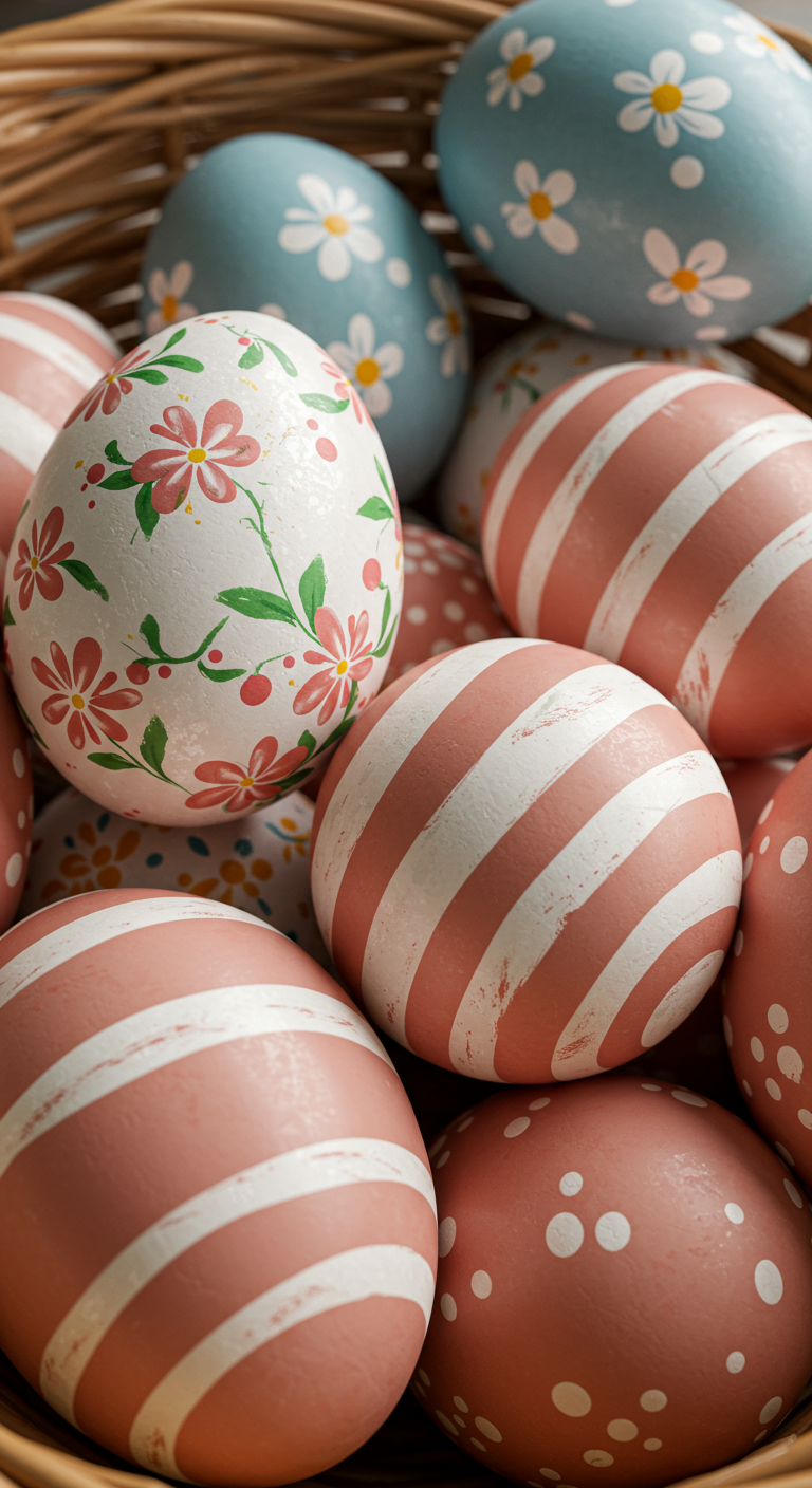 Patterned Easter Decoration - Close-up of a collection of intricately patterned Easter eggs in a woven basket. The eggs feature a variety of designs: delicate floral patterns, bold stripes, and playful polka dots in pastel colors. Minor imperfections on the egg surfaces, like slight paint smudges and textural variations, enhance the realistic, handcrafted feel.