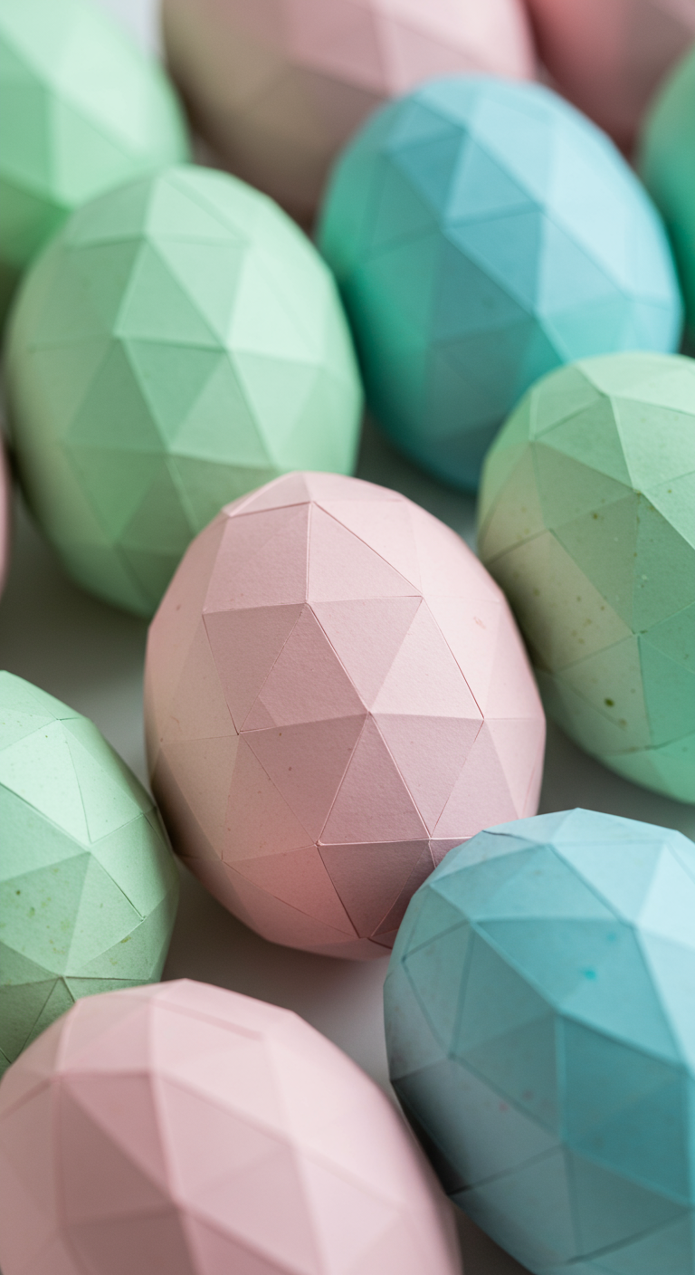 Geometric Easter Decor - A close-up studio shot of a collection of geometrically designed Easter eggs. The eggs are decorated with precisely cut and folded paper shapes in pastel colors like mint green, baby pink, and sky blue, creating intricate triangular and polygonal patterns. Some eggs have slight imperfections in the paper folds, adding a handmade touch; a few specks of glue are visible. The eggs are arranged on a seamless white surface with soft, diffused lighting that highlights the sharp edges and subtle shadows of the geometric designs.