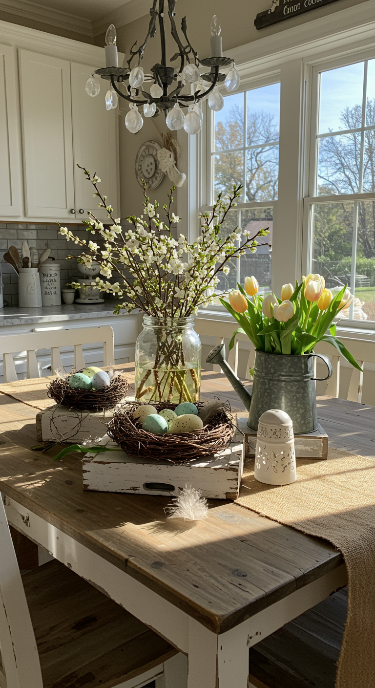 Farmhouse Easter Home - A sun-drenched farmhouse kitchen decorated for Easter. Burlap runners adorn a rustic wooden table, centered with a mason jar vase overflowing with delicate spring blooms and speckled eggs. A cracked, whitewashed wooden crate holds a nest filled with pastel-colored eggs and a scattering of feathers, while a worn watering can displays a small bouquet of tulips.