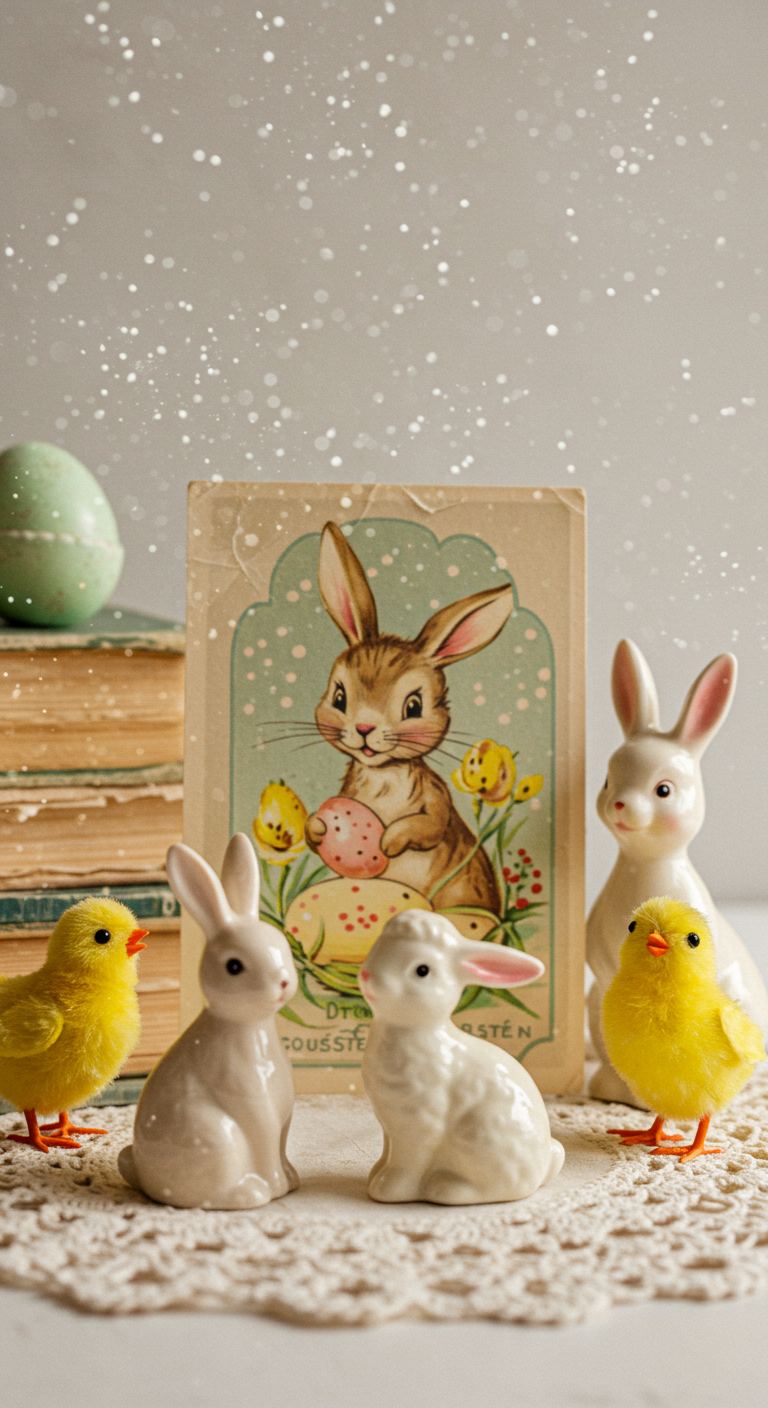 Vintage Easter Theme - A brightly lit, close-up shot of a vintage Easter vignette. Faded pastel-colored ceramic bunnies, chicks, and lambs are arranged on a lace doily. An antique Easter card with a slightly worn edge, featuring a cute bunny illustration, leans against a stack of aged, pastel-colored books. Subtle dust particles float in the air, illuminated by the soft light, adding to the nostalgic atmosphere.