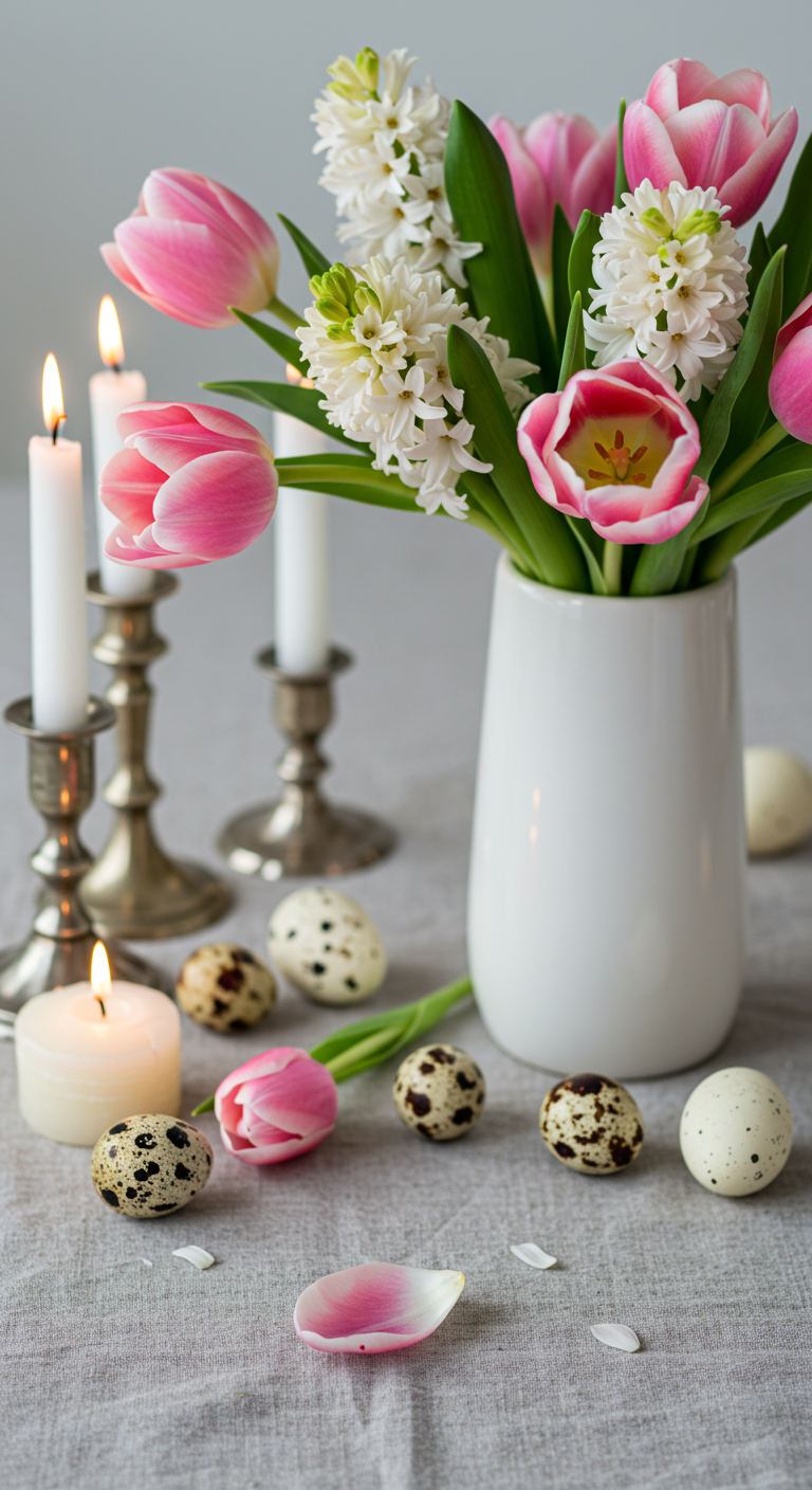 Elegant Easter Decoration - Close-up of an elegant Easter table centerpiece featuring a tall, slender white ceramic vase overflowing with pastel pink tulips and delicate white hyacinths. Scattered around the base are speckled quail eggs and a few subtly tarnished silver candlesticks holding lit, slender white candles. The linen tablecloth is slightly wrinkled, and a single petal has fallen from a tulip onto the table, adding a touch of natural imperfection.