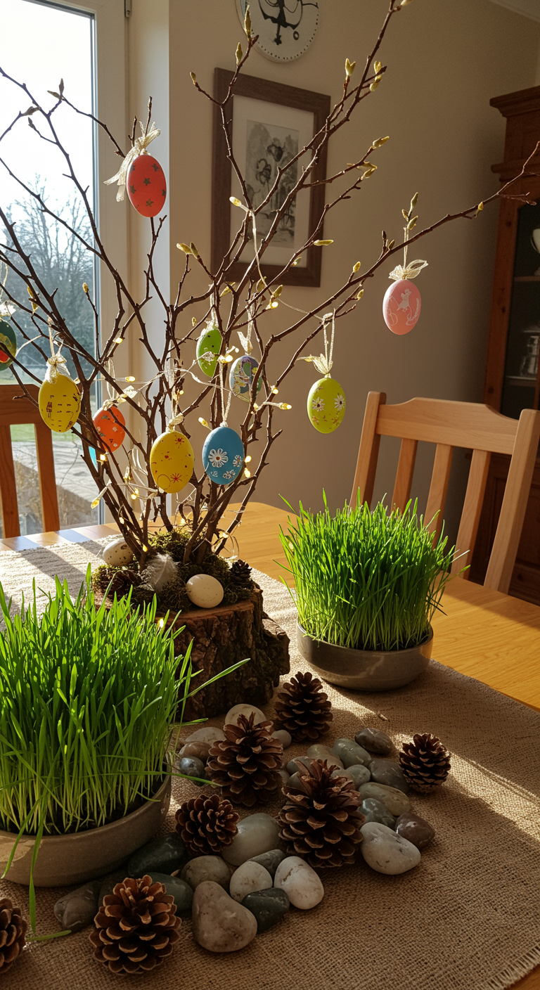 Natural Easter Home Design - A sun-drenched dining room showcasing a natural Easter centerpiece: a foraged branch arrangement adorned with hand-painted eggs and delicate fairy lights. A shallow dish of vibrant wheatgrass sits nearby, contrasting with a burlap table runner. Imperfectly arranged pinecones and smooth river stones are scattered around the base, creating a textured, organic feel.