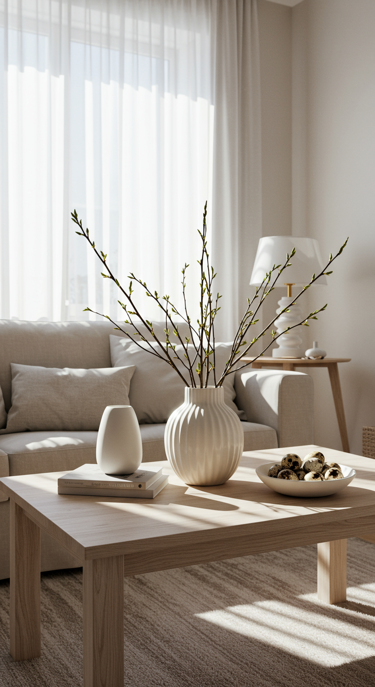 Minimalist Easter Home Style - A bright, airy living room decorated in a minimalist Easter style. Sunlight streams through sheer white curtains, illuminating a simple white vase holding delicate budding branches on a light wooden coffee table. A scattering of subtly painted, speckled quail eggs rests in a shallow ceramic bowl nearby, their imperfections visible upon close inspection.