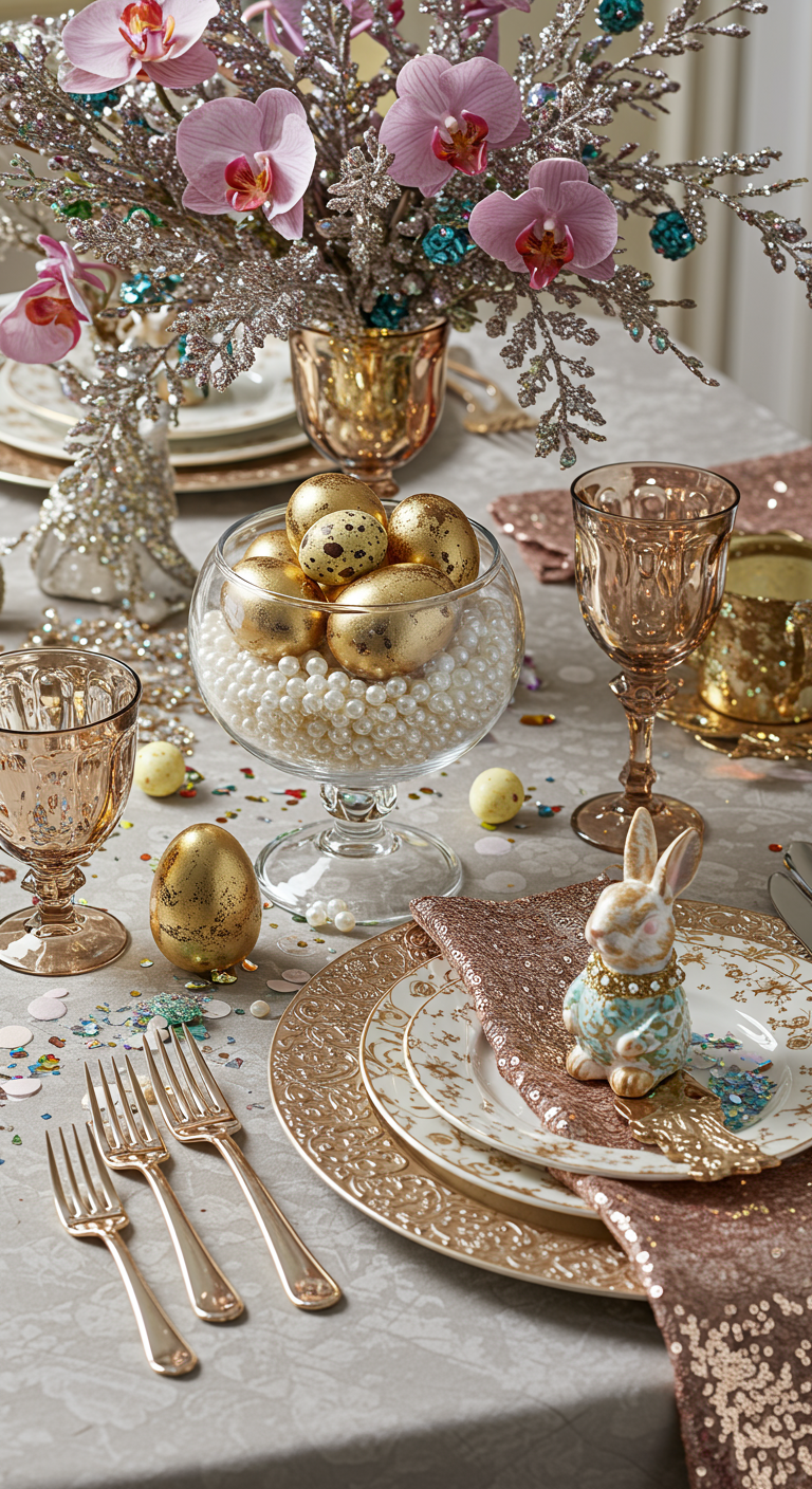 Glam Easter Decorating - A lavishly decorated Easter table setting, bathed in soft, diffused light, showcasing a centerpiece of shimmering gold Easter eggs nestled in a crystal bowl filled with faux pearls. Metallic accents gleam from ornate silverware and sequined placemats, while a delicate floral arrangement featuring jewel-toned orchids and glitter-dusted branches adds height and drama. A slightly crooked, hand-painted porcelain bunny figurine sits near a spilled scattering of iridescent confetti, revealing the subtle imperfections of a real-life, glamorous Easter celebration.