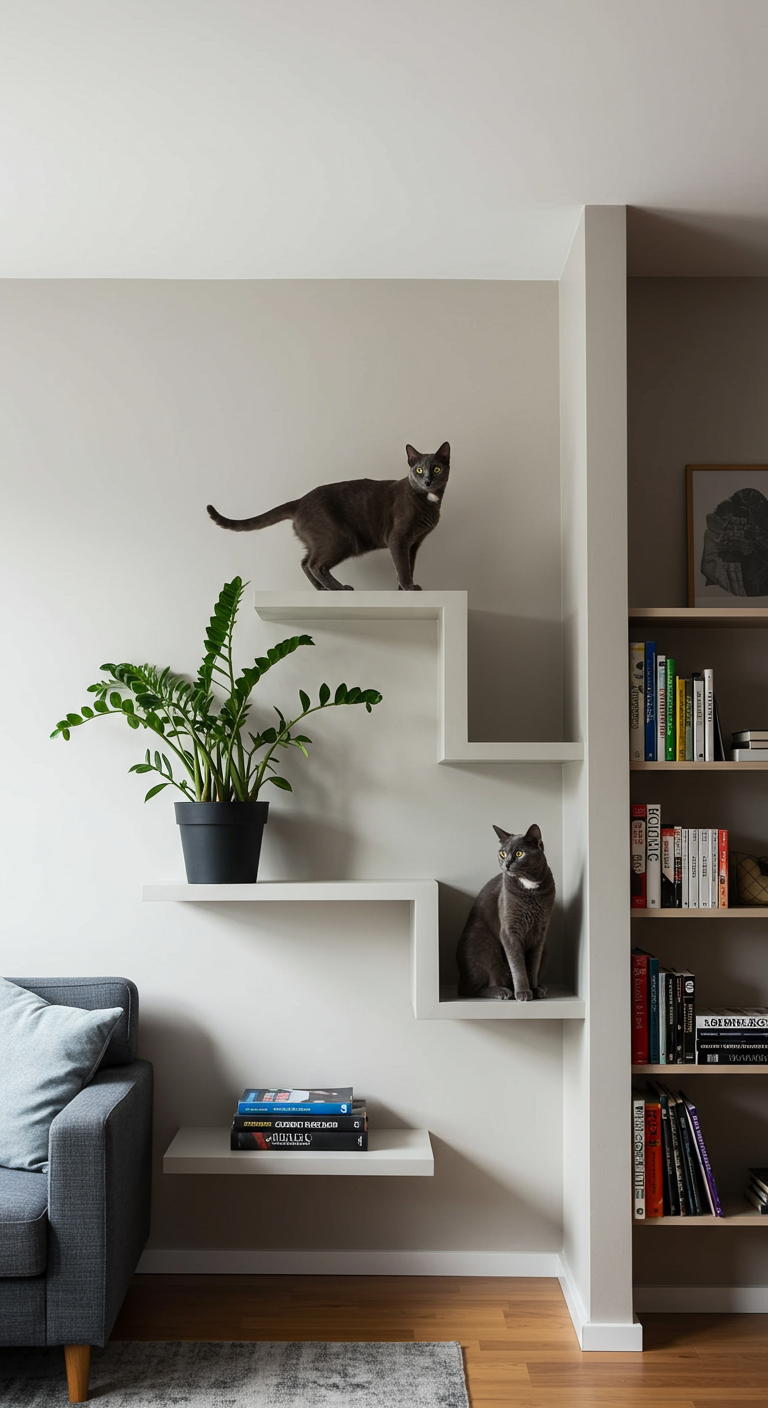 Secret Agent Cat Platforms - A modern living room featuring floating shelves designed as "Secret Agent Cat Platforms". The shelves are painted the same color as the wall and are partially obscured by a large potted plant. A sleek, gray cat is perched on one of the shelves, observing the room below. The shelves connect seamlessly to a tall bookshelf, creating a hidden pathway for the cat.