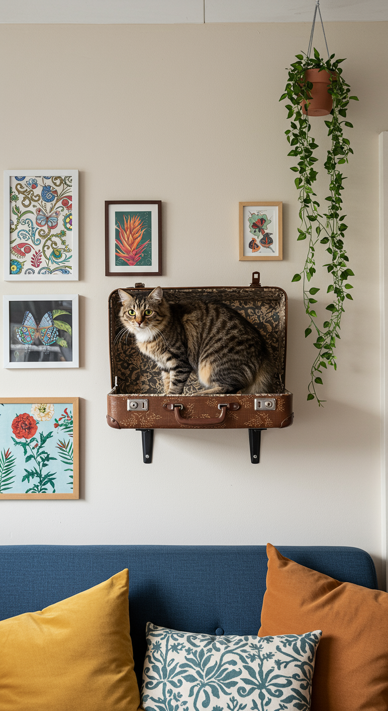 Upcycled Cat Shelf Projects - A brightly lit, slightly cluttered living room showcasing a wall-mounted cat shelf made from a repurposed vintage suitcase. The suitcase, lined with soft, patterned fabric and secured with sturdy brackets, is positioned at a comfortable jumping height for a cat. A fluffy tabby cat is perched comfortably inside the suitcase shelf, gazing inquisitively at the camera. The surrounding wall features other eclectic decorations, including framed artwork and a trailing plant, emphasizing the upcycled and personalized nature of the cat furniture.
