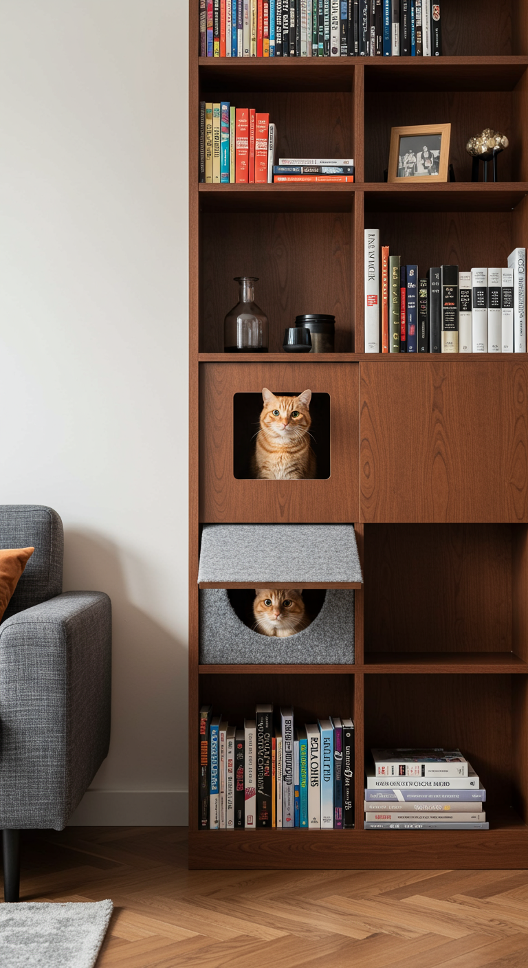 Hidden Cat Lookout Spots - A modern living room featuring a floor-to-ceiling bookshelf, subtly modified with a cat-sized opening on the second shelf from the top, leading to a carpeted interior. A ginger cat is perched comfortably inside the hidden compartment, peering out with curious eyes. The bookshelf is slightly dusty, with a few books slightly askew, adding to the realistic, lived-in feel of the scene.