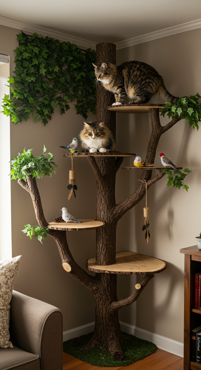 Fantasy Forest Cat Perches - A highly detailed, photorealistic image of a living room corner transformed into a "Fantasy Forest Cat Perch." The scene features multiple shelves crafted to resemble realistic tree branches and sections of a tree trunk, creating a vertical climbing space for a cat. A fluffy tabby cat is perched gracefully on one of the branch-like shelves, gazing down with curiosity. The shelves are adorned with realistic-looking fake leaves and small bird toys, enhancing the natural, fantasy-inspired aesthetic. The living room background is slightly blurred, with a glimpse of a cozy sofa and a bookshelf, grounding the fantastical element in a believable domestic setting. Minor imperfections like slightly uneven branch textures and a few stray fake leaves add to the realism.