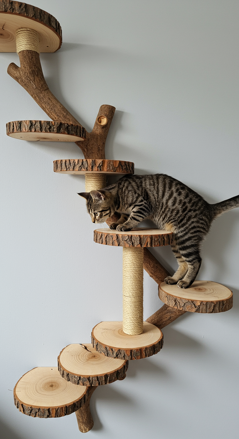 Nature-Inspired Cat Steps - A realistic, close-up shot of nature-inspired cat steps mounted on a light gray living room wall. The steps are crafted from thick, sanded slices of natural wood, resembling small tree logs, each with unique grain patterns and slight imperfections like small cracks and knots. Sisal rope is wrapped around some of the steps, providing texture and grip. The steps are arranged in a staggered, non-linear fashion, mimicking the branching pattern of a tree, with a curious tabby cat exploring the steps.