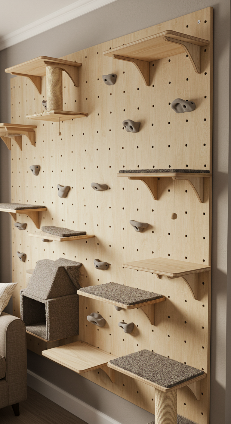 Climbing Wall for Cats - A realistic, close-up image of a DIY climbing wall for cats mounted on a living room wall. The wall features a variety of wooden platforms, sisal-wrapped scratching posts, and carpeted steps arranged at varying heights and intervals. The platforms show slight wear and tear, with a few visible cat scratches, creating a natural, lived-in appearance. Soft, diffused natural light illuminates the climbing wall, casting subtle shadows and highlighting the textures of the different materials.