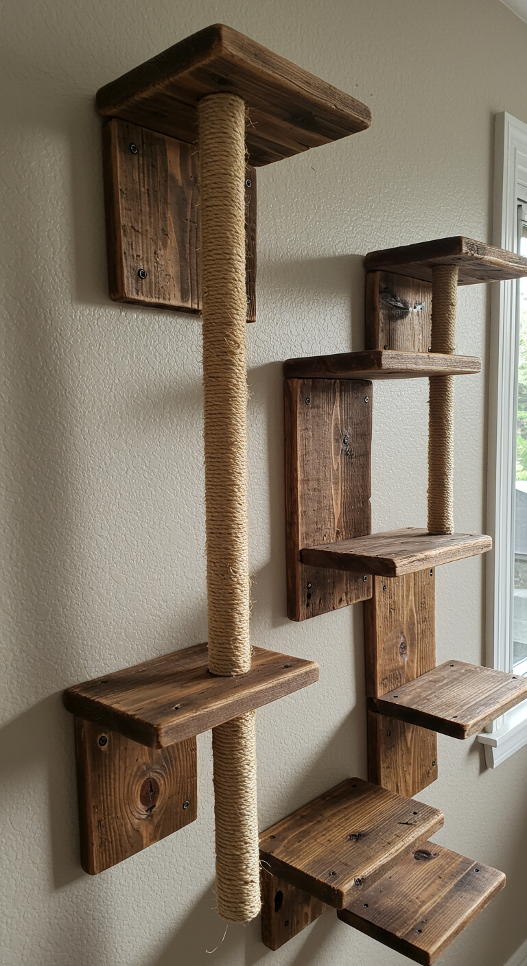 Rustic Wood Cat Climbers - A detailed, photorealistic image of rustic wood cat climbers mounted on a textured living room wall. The climbers, crafted from reclaimed wood with visible knots and grain, ascend in a staggered pattern. Sisal rope is wrapped around some of the steps, showing slight fraying from use. Sunlight streams through a nearby window, casting shadows and highlighting the wood's natural imperfections, including a small scratch mark from a cat's claw.
