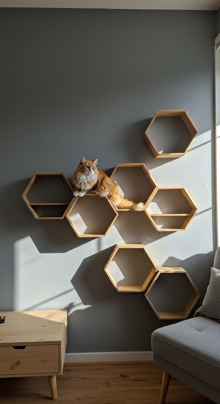 Geometric Cat Shelf Style - A modern living room interior featuring a wall-mounted geometric cat shelf system. The shelves are constructed from light wood in a hexagonal pattern, interconnected to create a climbing structure for cats. A fluffy ginger cat is lounging comfortably on one of the shelves, slightly shedding fur. The wall is painted a matte gray, with subtle imperfections in the paint texture visible under natural light streaming from a nearby window.