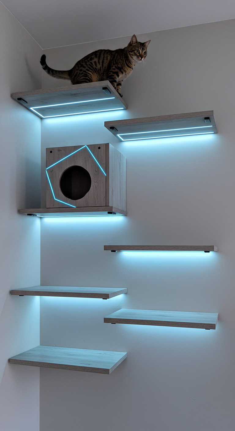Tech-Style Cat Shelf Look - A modern, minimalist cat shelf design with a tech-inspired aesthetic, featuring sleek gray wooden platforms and black metal supports mounted on a light gray wall. The shelves incorporate subtle LED strip lighting underneath, casting a soft blue glow, and include a box-shaped cat house with a geometric cutout. A curious tabby cat is perched on the top shelf, gazing down, with slight dust particles visible in the air to enhance realism.
