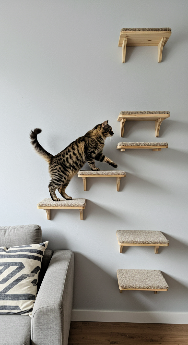 Stairway to Heaven for Cats - A modern living room featuring a "Stairway to Heaven" cat shelf system mounted on a light gray wall. The system consists of four small, staggered wooden shelves, each covered with a piece of soft, slightly worn beige carpet. A fluffy tabby cat is halfway up the stairway, confidently stepping onto the third shelf, its tail slightly blurred from movement. The shelves are sturdy but have minor imperfections, like a slightly uneven carpet cut on one and a barely visible screw head on another, adding to the DIY feel.