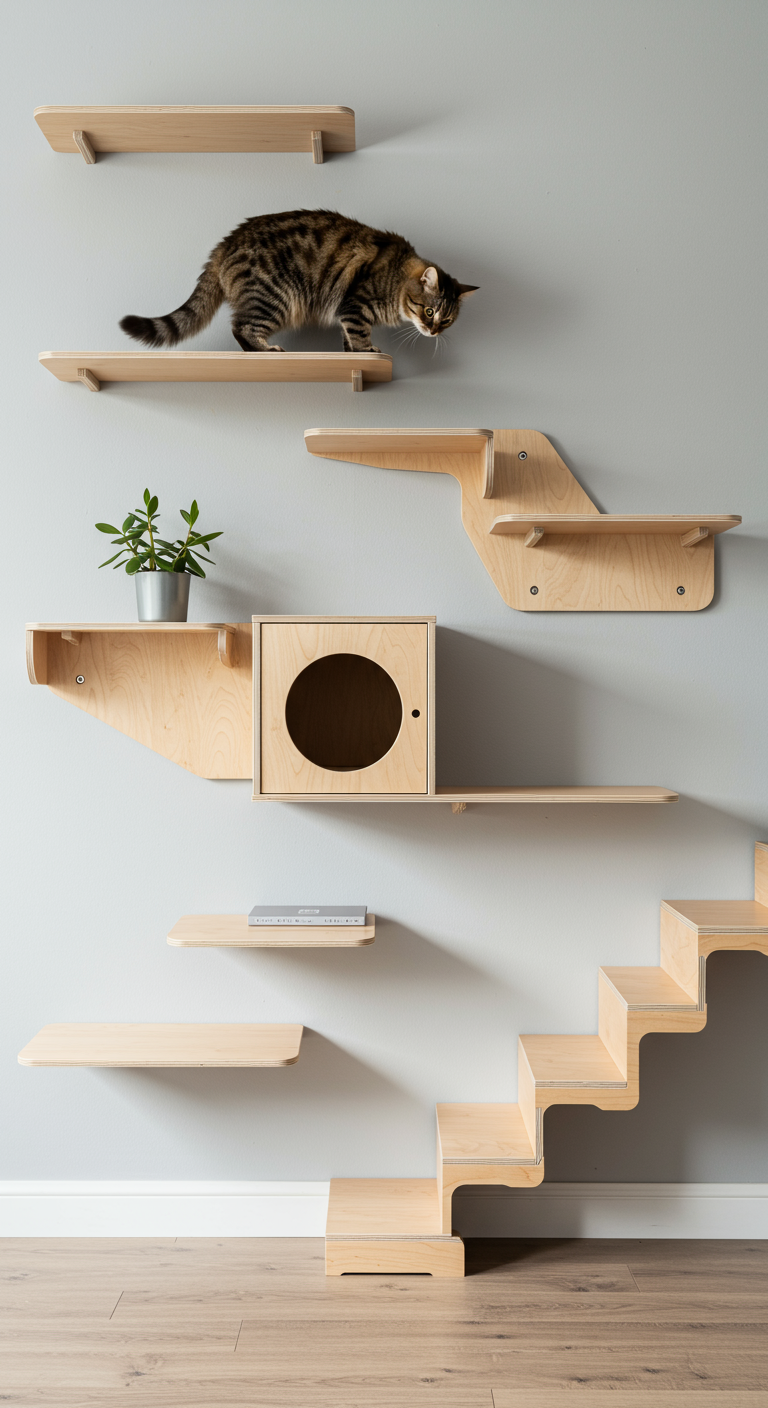Modular Cat Shelf Systems - A highly detailed, realistic photograph of a modern living room featuring a modular cat shelf system. The system is constructed from light wood and consists of various shelves, steps, and a small enclosed cat house, arranged dynamically on a light gray wall. A fluffy tabby cat is perched on one of the higher shelves, looking down inquisitively. The shelves show slight imperfections, such as minor scratches and dust accumulation, adding to the realistic feel.