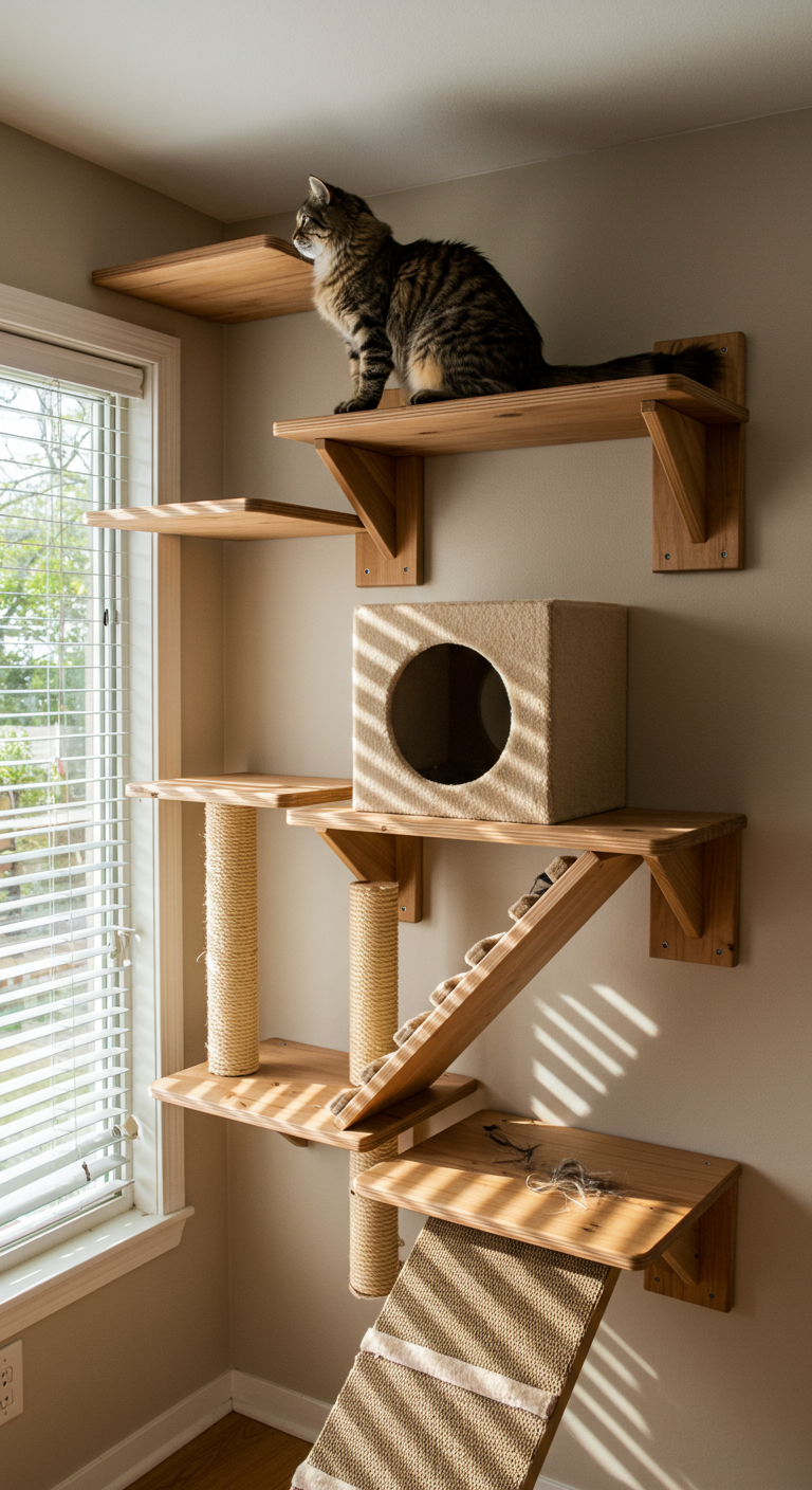 Jungle Gym Cat Shelves - A complex, multi-tiered jungle gym cat shelf system attached to a living room wall. The structure incorporates wooden shelves of varying sizes and heights, connected by sisal rope-covered ramps and a short, carpeted tunnel. A fluffy tabby cat is perched on the highest shelf, gazing out a nearby window with sunlight streaming in. One of the lower shelves has a slightly frayed scratching post attached, and a few stray cat hairs are visible on the carpeted ramp.
