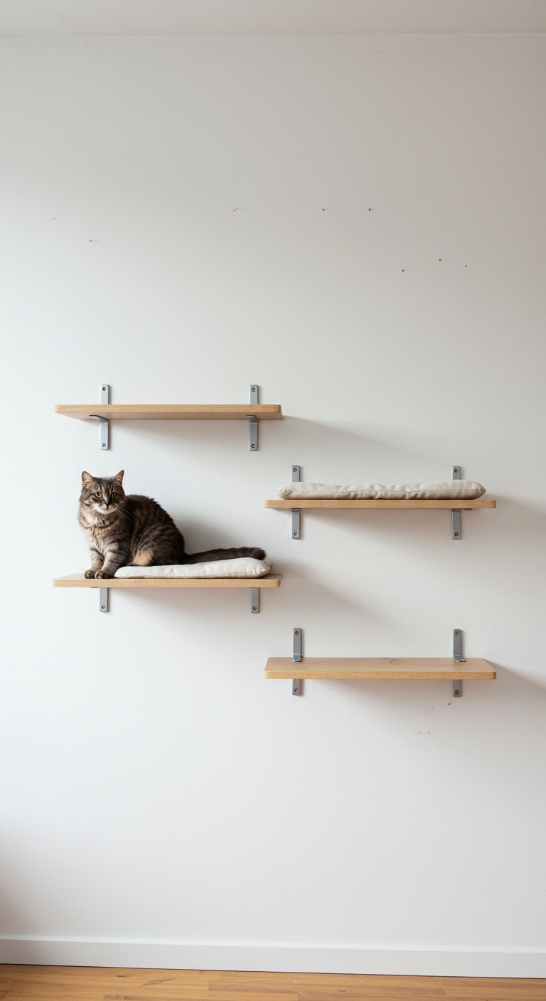 Minimalist Cat Shelves DIY - A brightly lit, minimalist living room features three simple, light-wood floating shelves mounted on a clean, white wall at varying heights. A fluffy, grey tabby cat is perched comfortably on the middle shelf, partially obscuring a small, slightly worn white cushion. The shelves are secured with sturdy, but discreet, metal brackets, and a few stray cat hairs are visible on the wall near the lower shelf, adding a touch of realism.