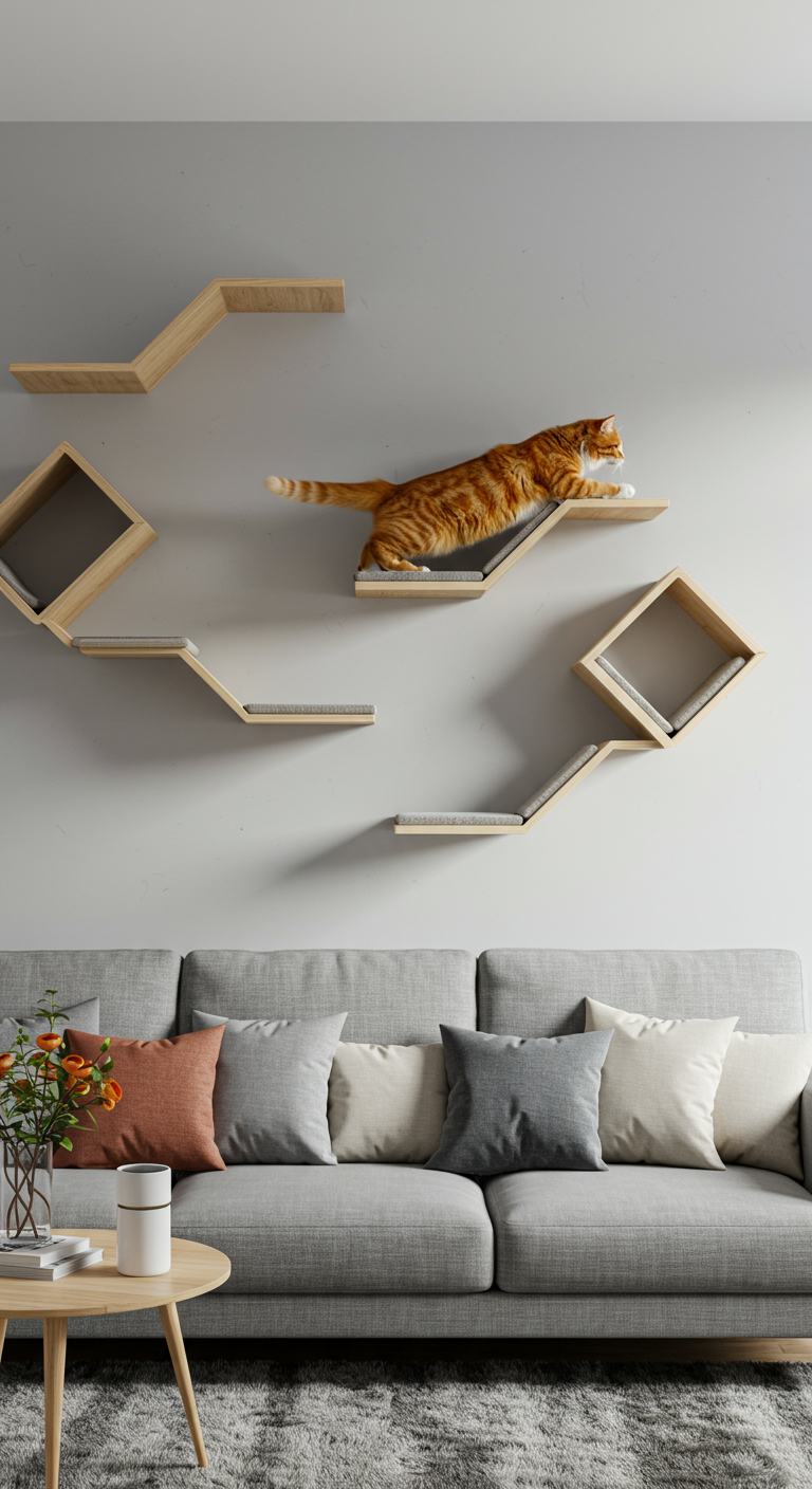 Floating Cat Shelves Fun - A brightly lit, modern living room features a series of floating cat shelves arranged in a dynamic, zig-zagging pattern up a light grey wall. A fluffy ginger cat is mid-leap between two shelves, its tail extended for balance. The shelves are made of light-colored wood, with some covered in soft, neutral-toned carpet, and are securely mounted with visible brackets. Slight imperfections, such as minor scratches on the wall near the shelves and a few stray cat hairs, add to the realism.