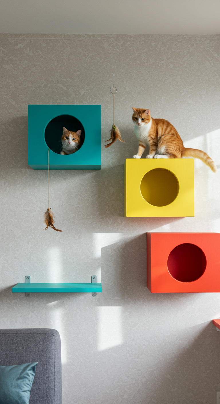 Colorful Cat Shelf Ideas - A brightly lit living room features a series of custom-built cat shelves painted in vibrant, contrasting colors: teal, sunshine yellow, and fire engine red. A fluffy, ginger cat is playfully perched on the yellow shelf, batting at a hanging toy. The shelves are mounted on a textured, off-white wall with slight imperfections, and subtle dust particles are visible in the air, illuminated by the natural light streaming through a nearby window.