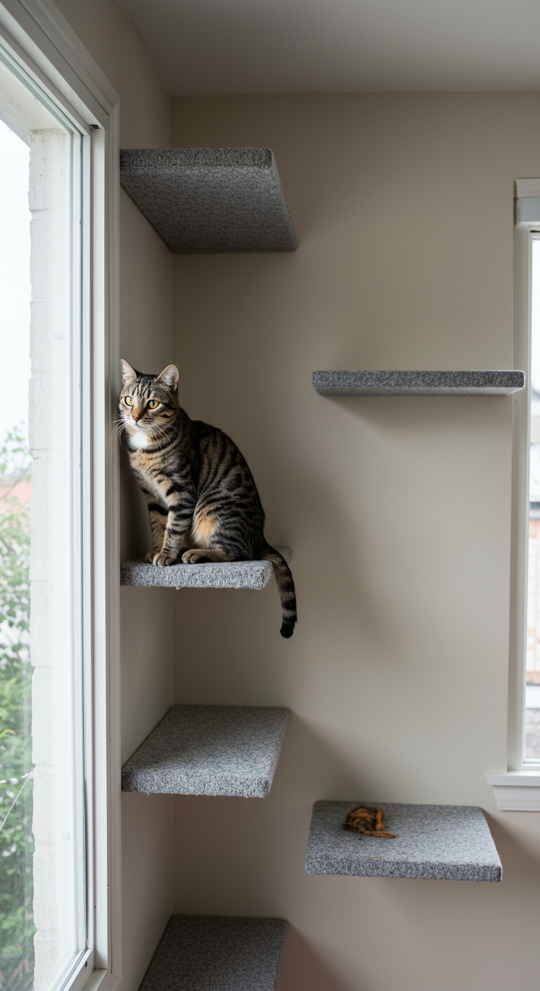 Space-Saving Cat Shelves - A small, modern apartment interior featuring space-saving cat shelves. The shelves are narrow ledges and corner shelves, arranged to create a climbing path along the walls. A tabby cat is perched on one of the shelves, looking out a window. The shelves are covered in a slightly worn carpet, and a few cat hairs are visible.