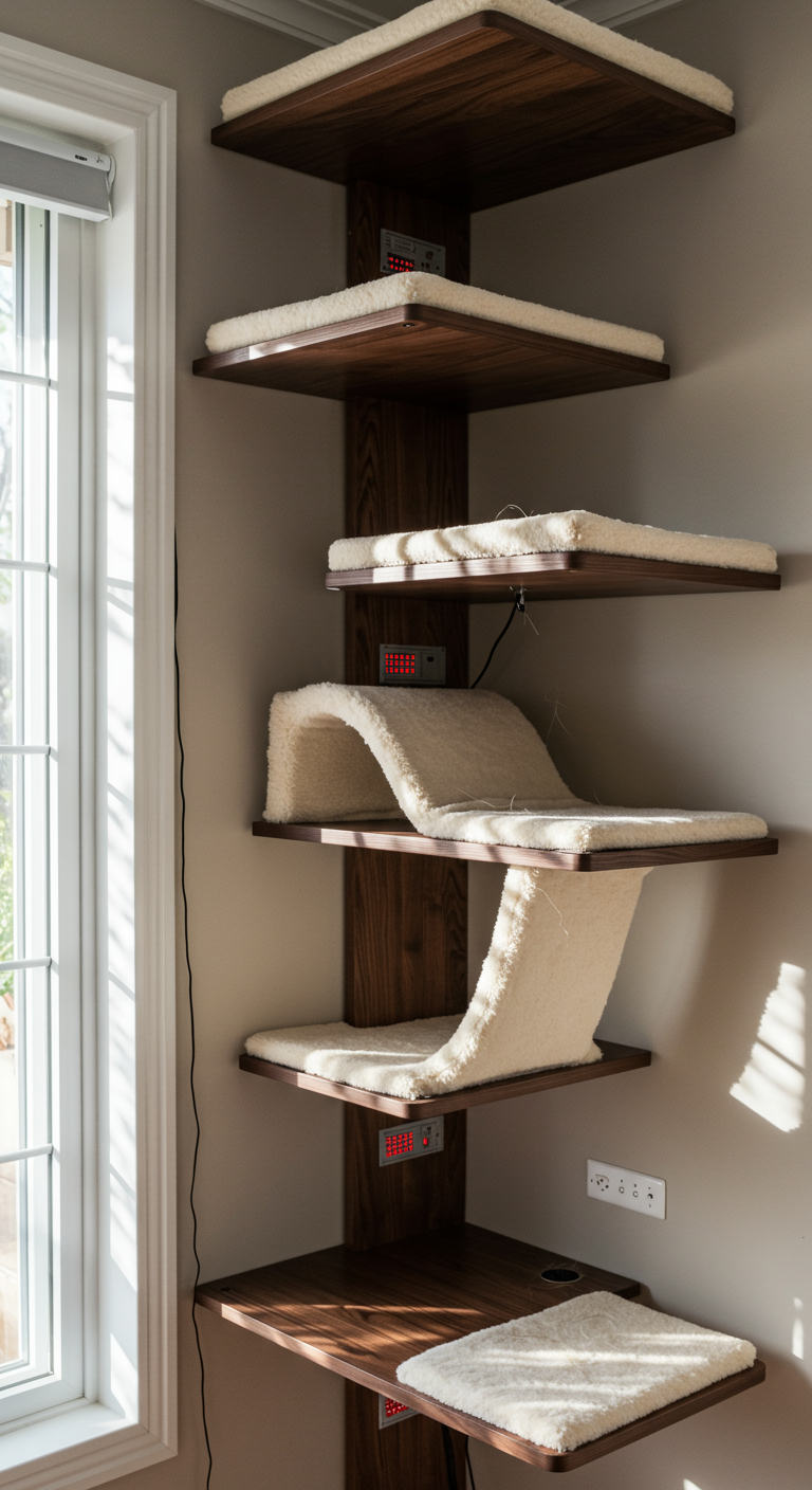 Luxury Cat Shelf Designs - A meticulously crafted, multi-tiered cat shelf system made of dark walnut wood, seamlessly integrated into a modern living room. The shelves feature plush, cream-colored cushions, some with subtle heating elements, and interconnected tunnels lined with soft faux fur. Sunlight streams through a nearby window, illuminating dust particles and highlighting the natural wood grain, while a few cat hairs cling to the fabric.