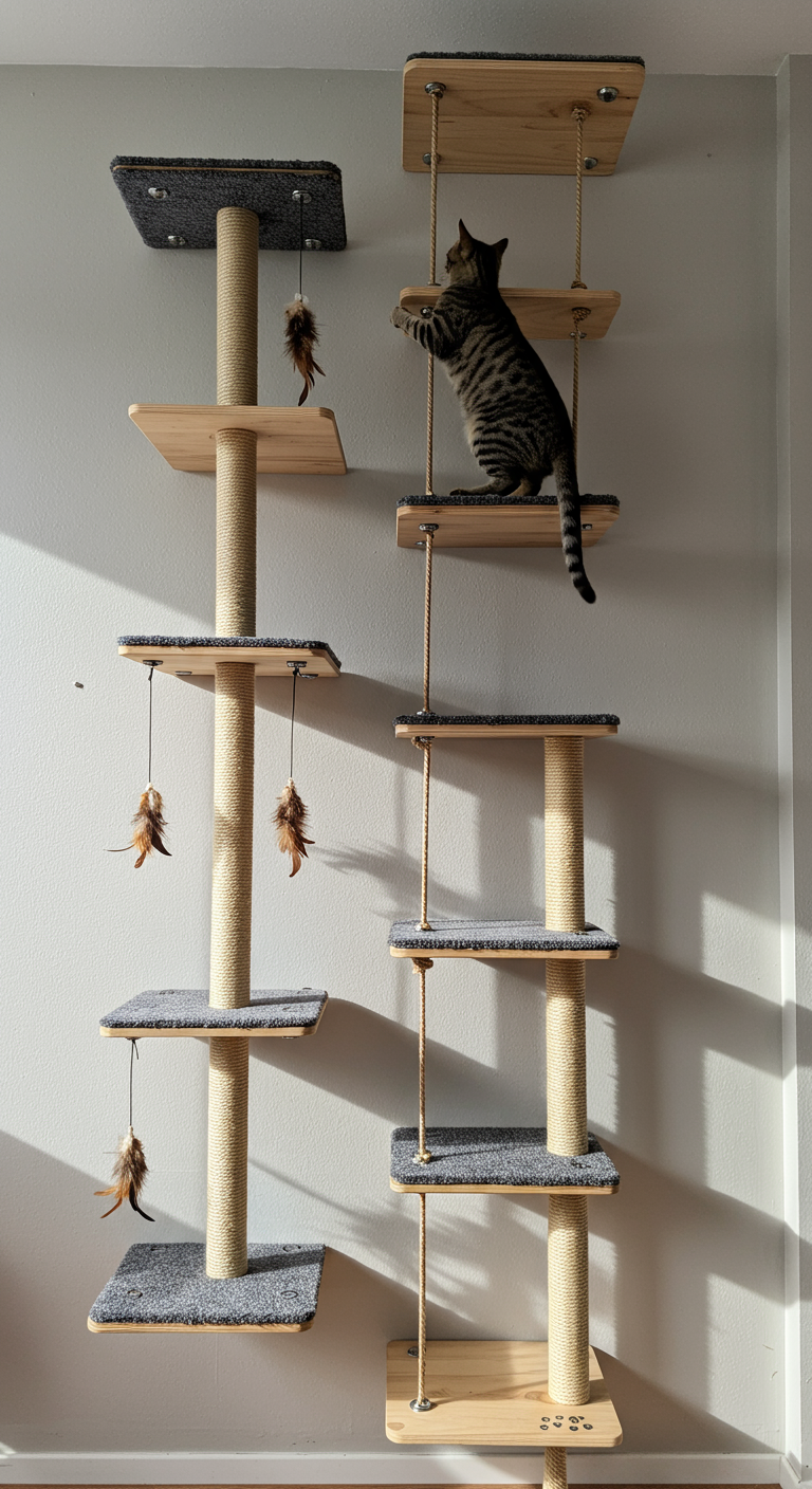 Adventure Zone Cat Ladders - A multi-tiered cat ladder system constructed from natural wood and sisal rope, ascending a living room wall. The ladder features carpeted platforms at varying heights, some with dangling feather toys attached. A sleek, short-haired tabby cat is mid-climb, with its claws slightly visible on the rope. The wall has minor scuff marks near the base of the ladder, and a sunbeam illuminates dust motes in the air.