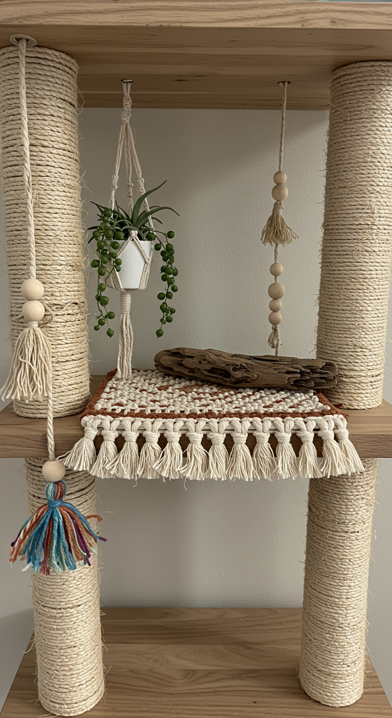 Boho Cat Shelf Decor - A close-up shot of a cat shelf adorned with boho-style decorations. A small, intricately woven rug sits on the shelf's surface, inviting a cat to lounge. Macrame plant holders dangle delicate, faux greenery nearby, while small wooden beads and a weathered piece of driftwood add a natural, earthy vibe. Sisal rope wraps around the shelf posts, with colorful yarn tassels providing a playful touch. Imperfections like slightly frayed rope and a few stray cat hairs on the rug enhance the realistic feel.