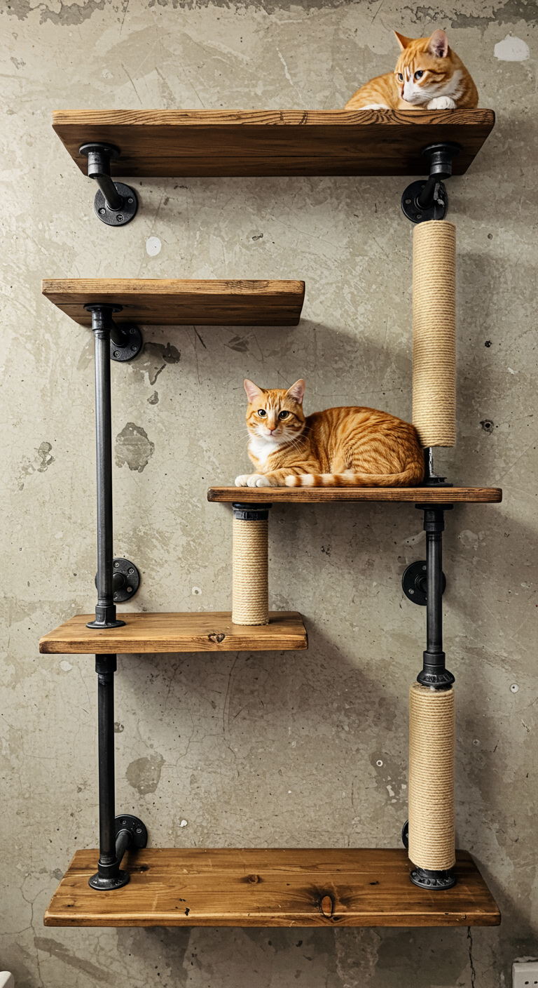 Industrial Cat Shelf Setup - A multi-tiered industrial cat shelf setup constructed from dark metal pipes and reclaimed wooden planks. The shelves are mounted on a textured concrete wall with visible imperfections and slight discoloration. Sisal rope is wrapped around some of the pipes for scratching. A ginger cat is lounging comfortably on the top shelf, casting a soft shadow.
