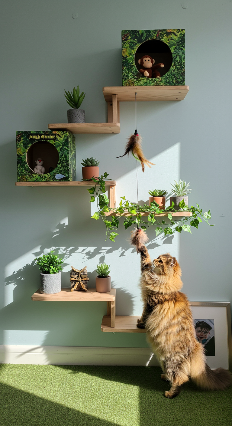 Playful Cat Shelf Scapes - A sunlit living room features a series of staggered cat shelves mounted on a pale blue wall. A fluffy Persian cat playfully bats at a dangling feather toy suspended from the middle shelf. The shelves are decorated with a miniature "Jungle Adventure" theme, complete with small potted succulents, a faux vine draped across one shelf, and a tiny stuffed monkey. A few cat hairs are visible on the plush green carpet below, and a slightly crooked picture frame hangs beside the shelves, adding to the lived-in feel.