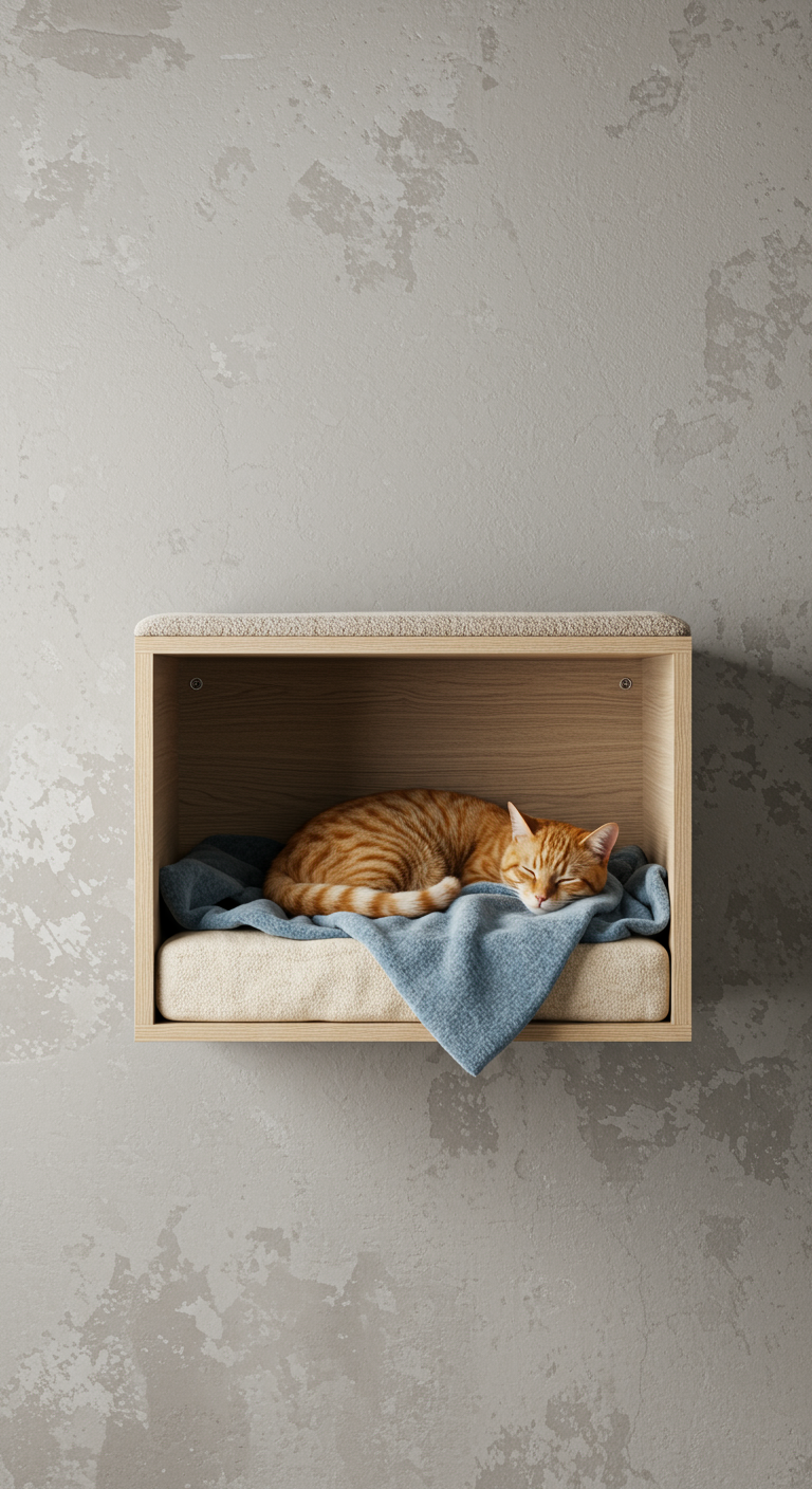 Cozy Cat Shelf Nooks - A realistic photograph of a cozy cat shelf nook mounted on a living room wall. The nook is constructed from light-colored wood and lined with a plush, cream-colored cushion and a soft, blue blanket, slightly rumpled as if recently used. A ginger tabby cat is curled up asleep inside, its tail peeking out from under the blanket. The wall behind the shelf is a muted grey, with subtle imperfections like slightly uneven paint texture and a barely visible hairline crack.